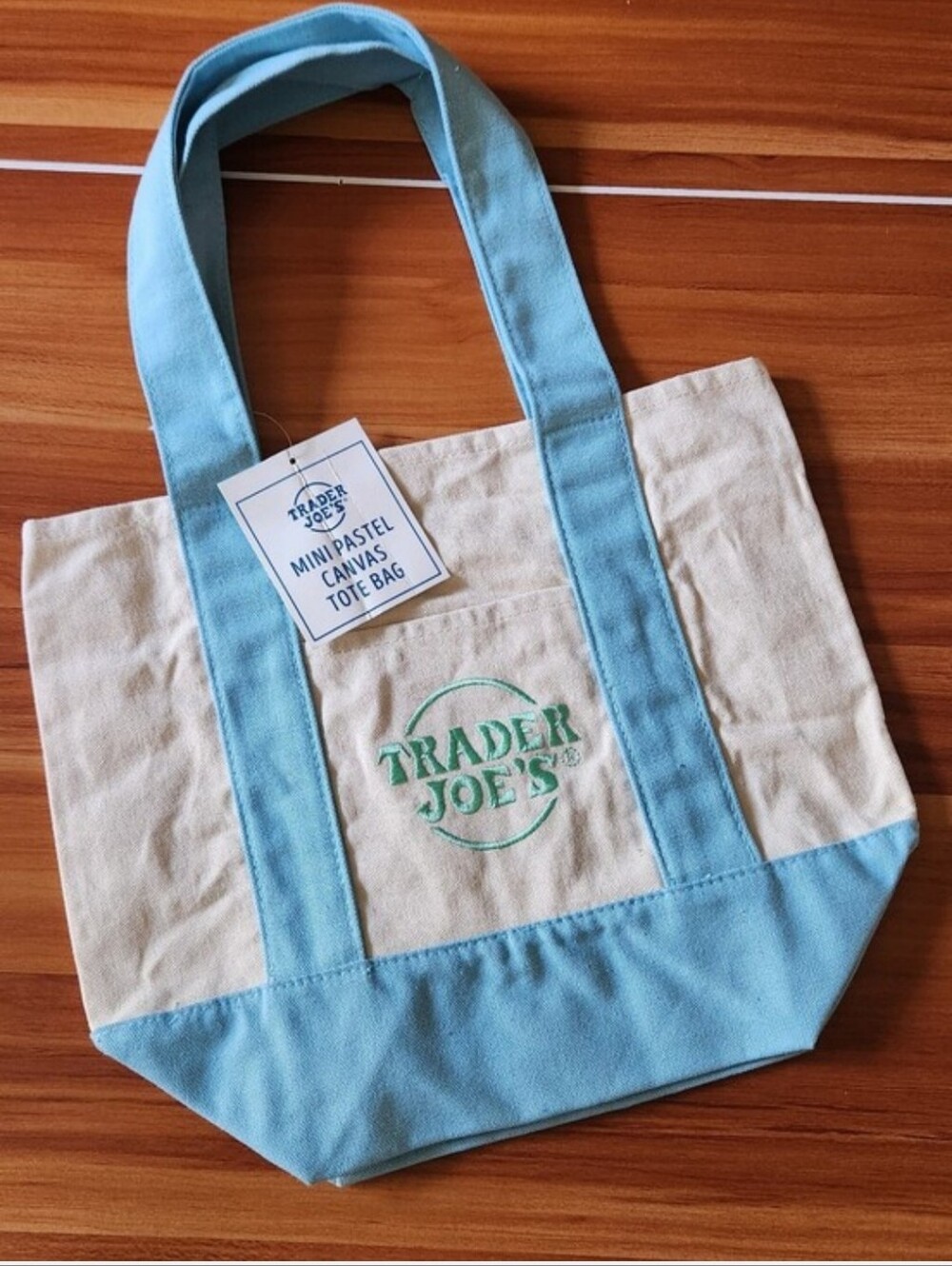 Trader Joe's Mini Pastel Canvas Tote Bag - Baby Blue and Cream